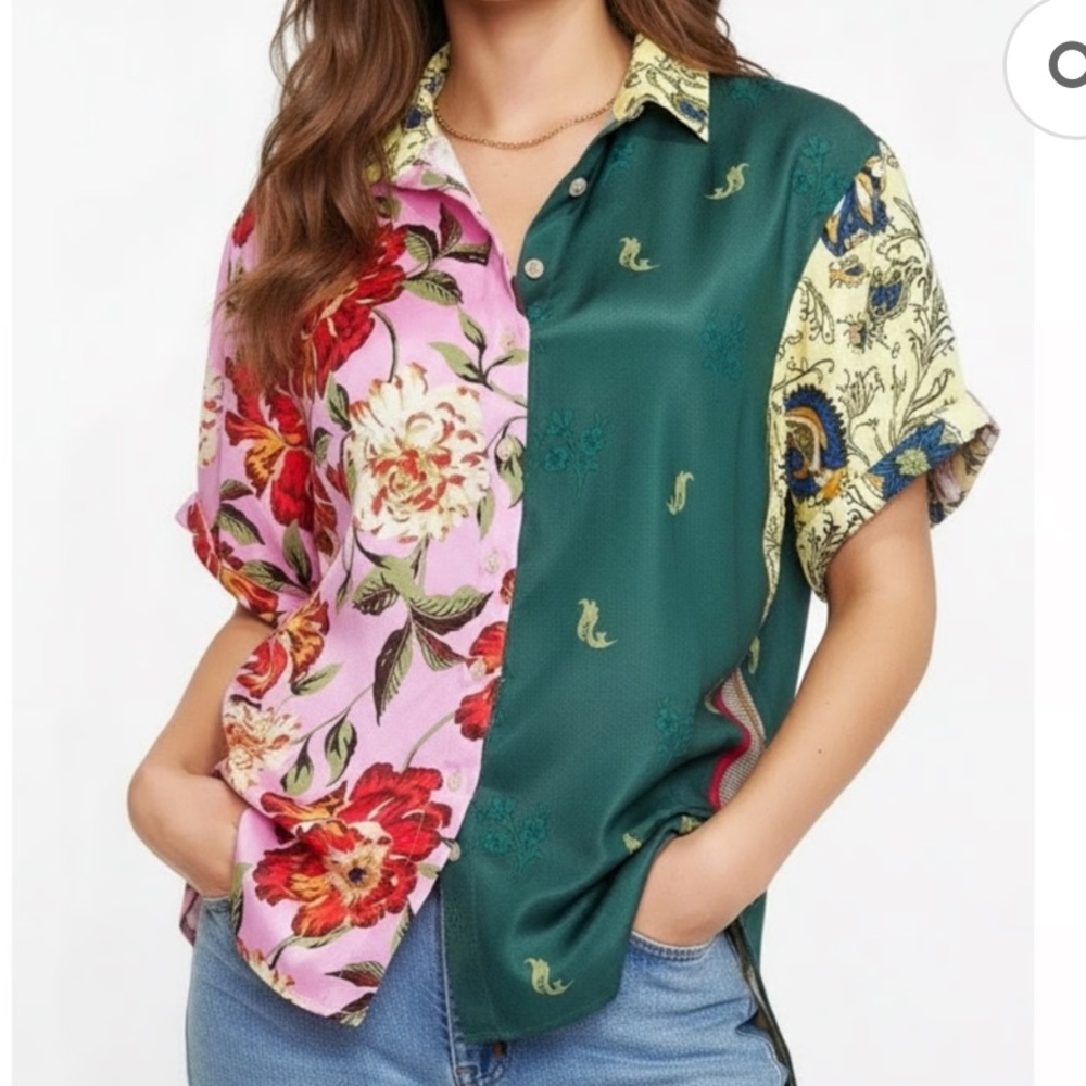 Anthropologie XL Top Oversized Surf Shirt button up Green Patchwork collar NWT